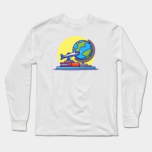 Miniature Plane with Book And Globe Cartoon Vector Icon Illustration Long Sleeve T-Shirt